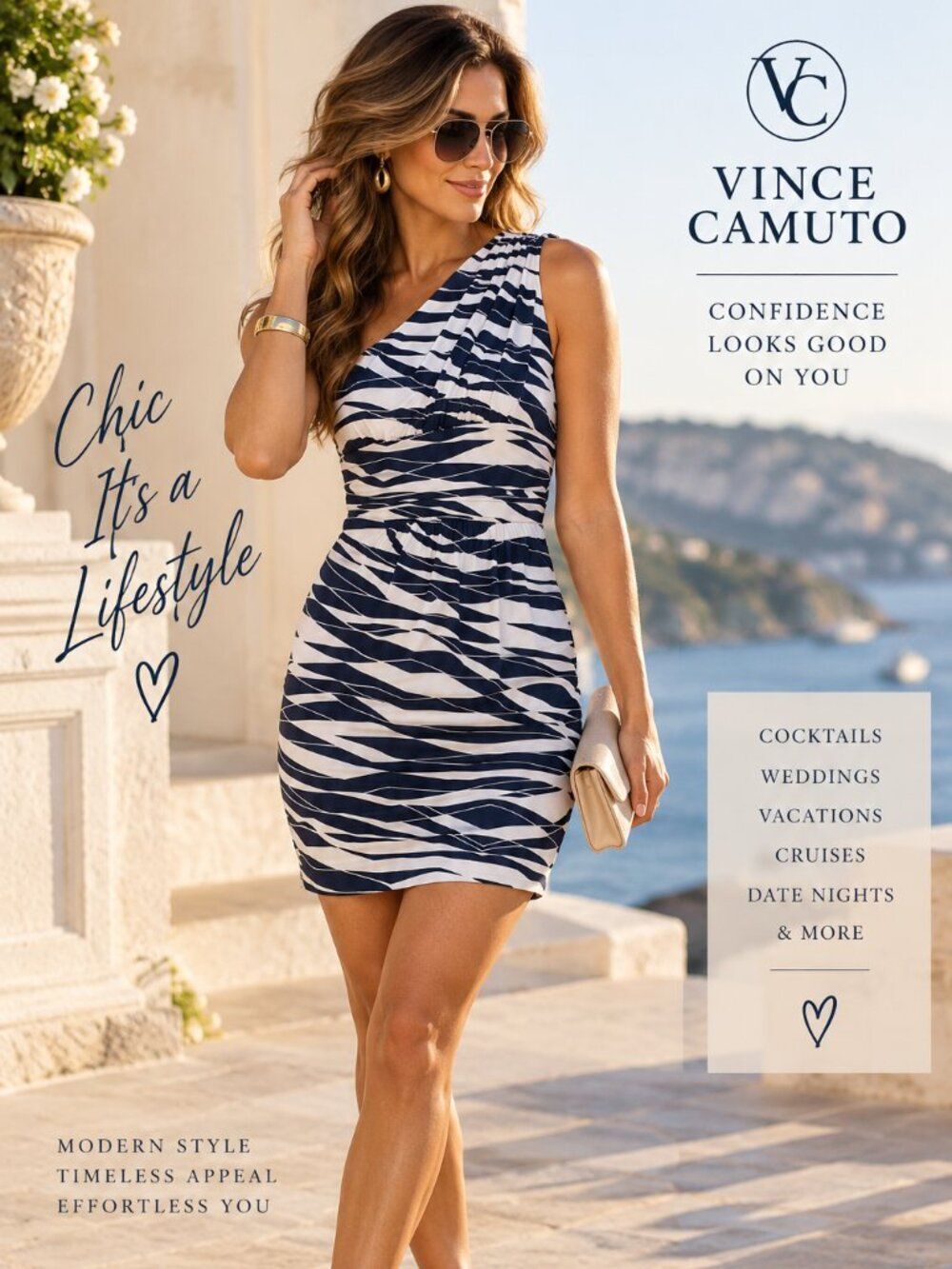 Vince Camuto Navy White One Shoulder Dress XS Ruched Abstract Cocktail Chic Mini